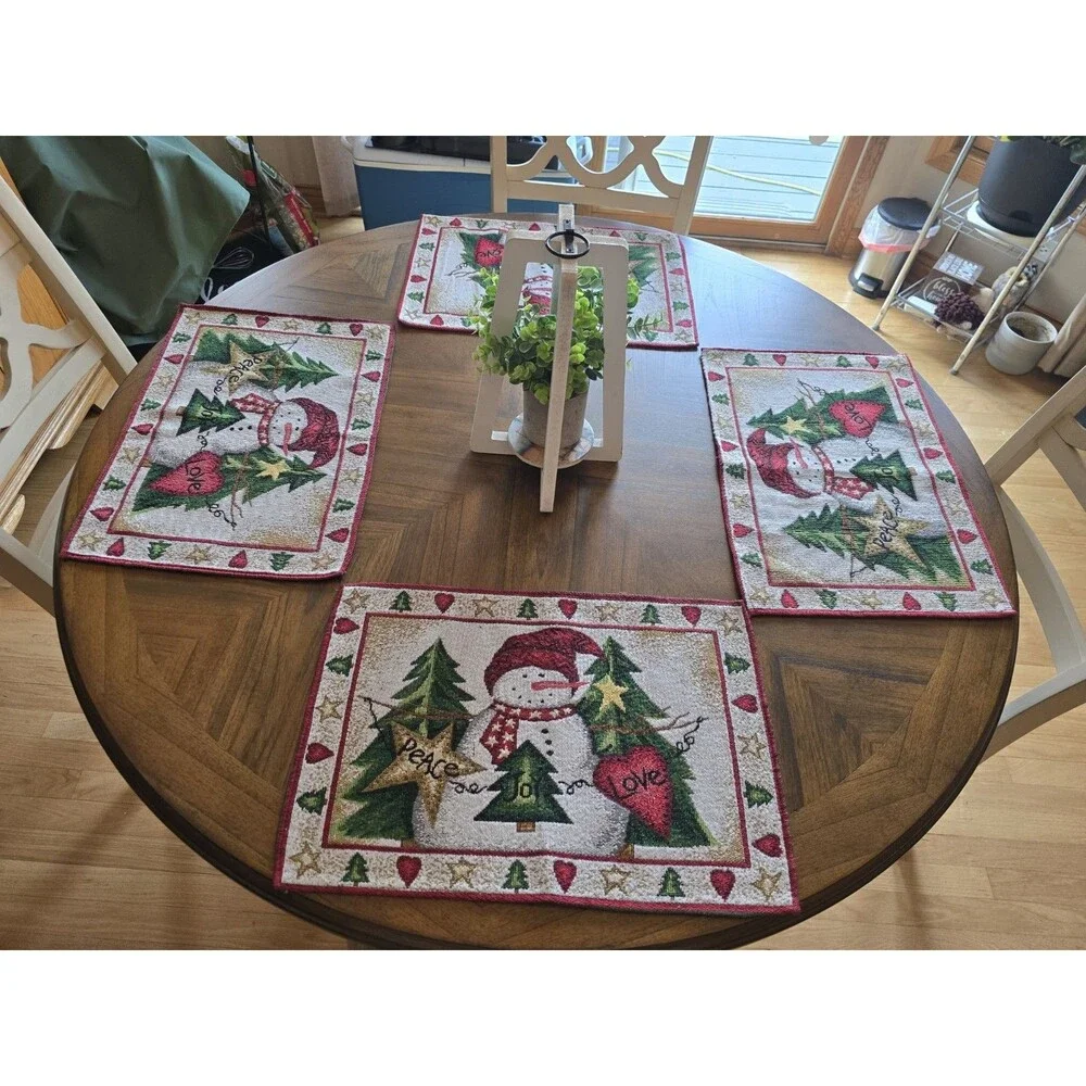 Christmas Snowman Tapestry Placemats Set of 4 Peace Joy Love Holiday Table Decor